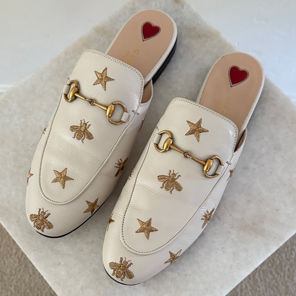 Gucci Bee Star Embroidered Women’s Princetown Mules 38.5 Mystic White